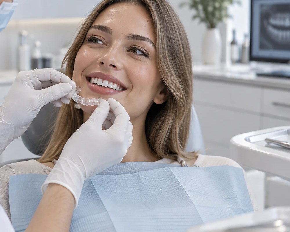 Ортодонт NuAnce примеряет пациентке прозрачную каппу Invisalign