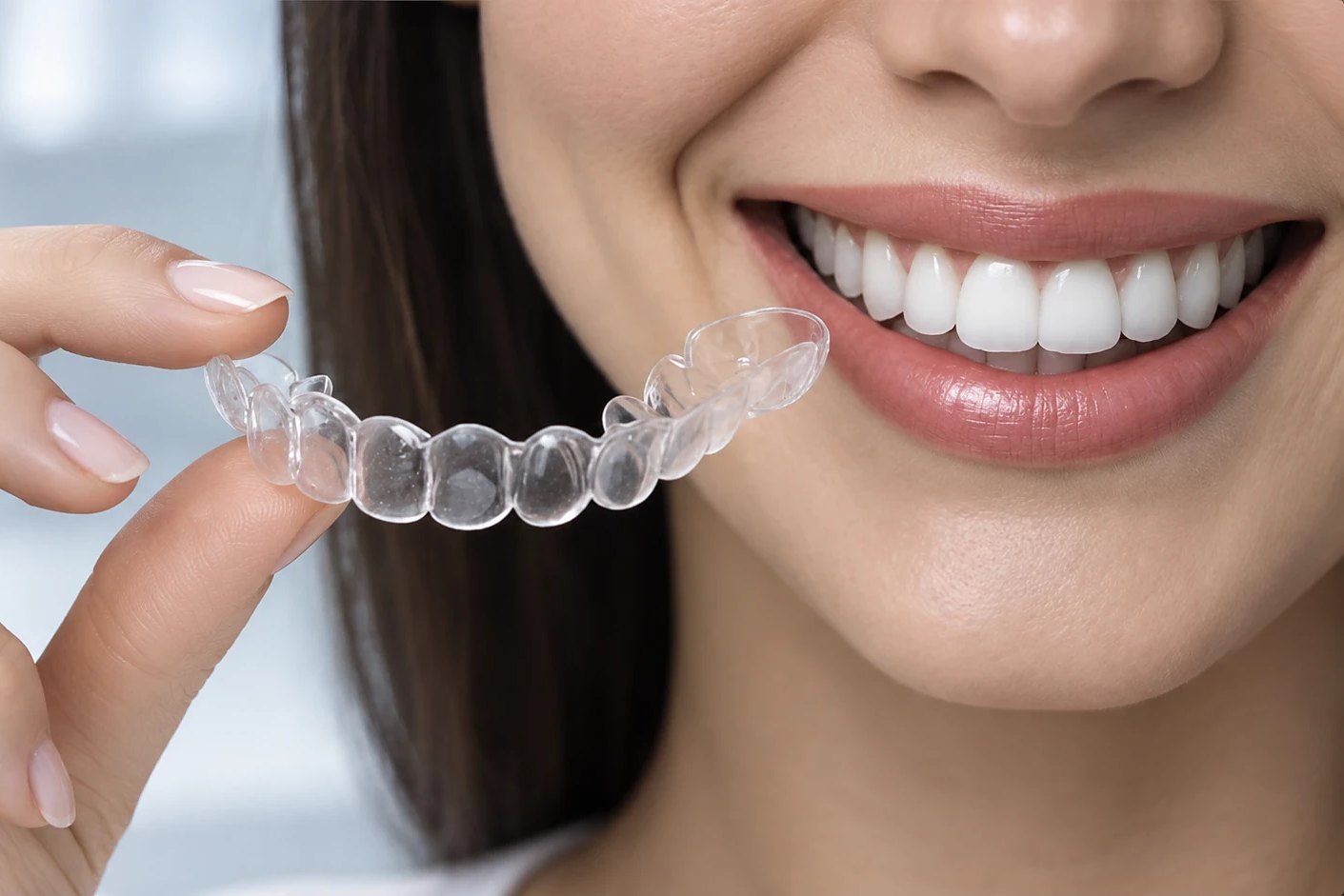 Пациентка держит прозрачную каппу Invisalign перед улыбкой