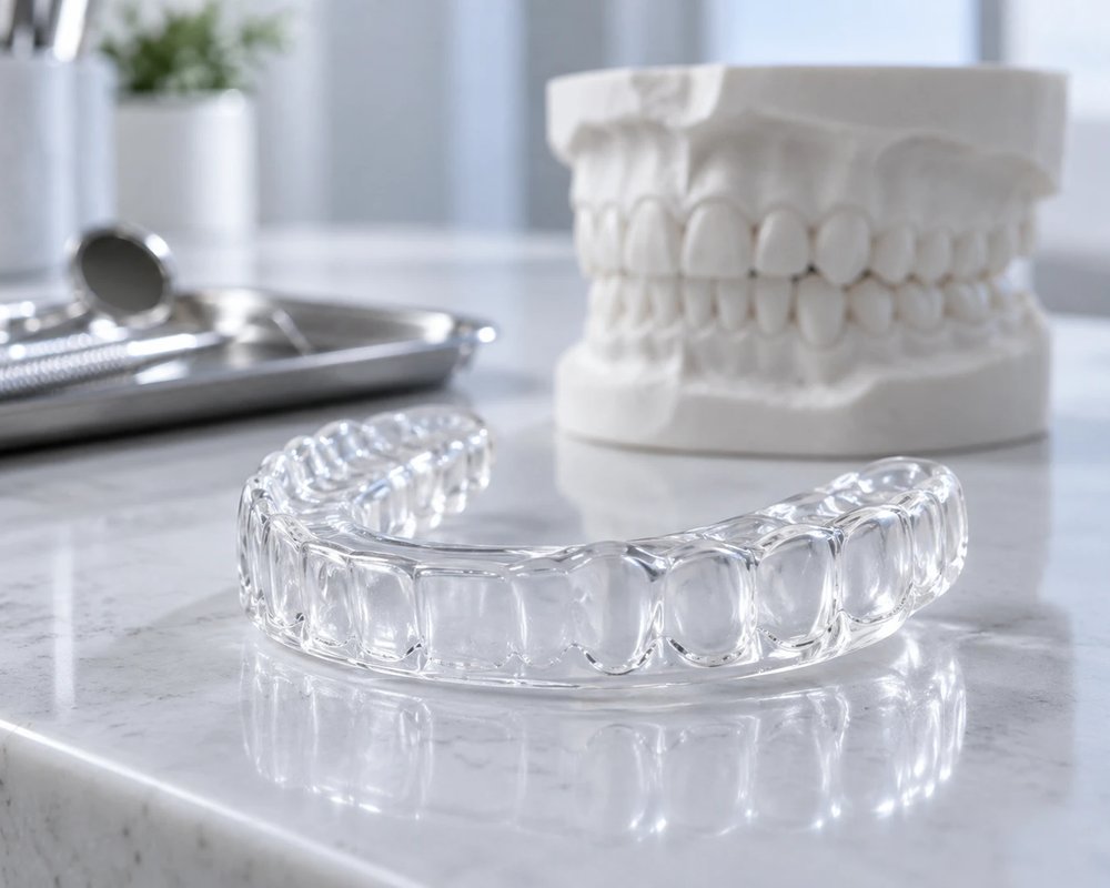 Индивидуальная прозрачная разгрузочная каппа рядом с гипсовой моделью челюстей в лаборатории NuAnce